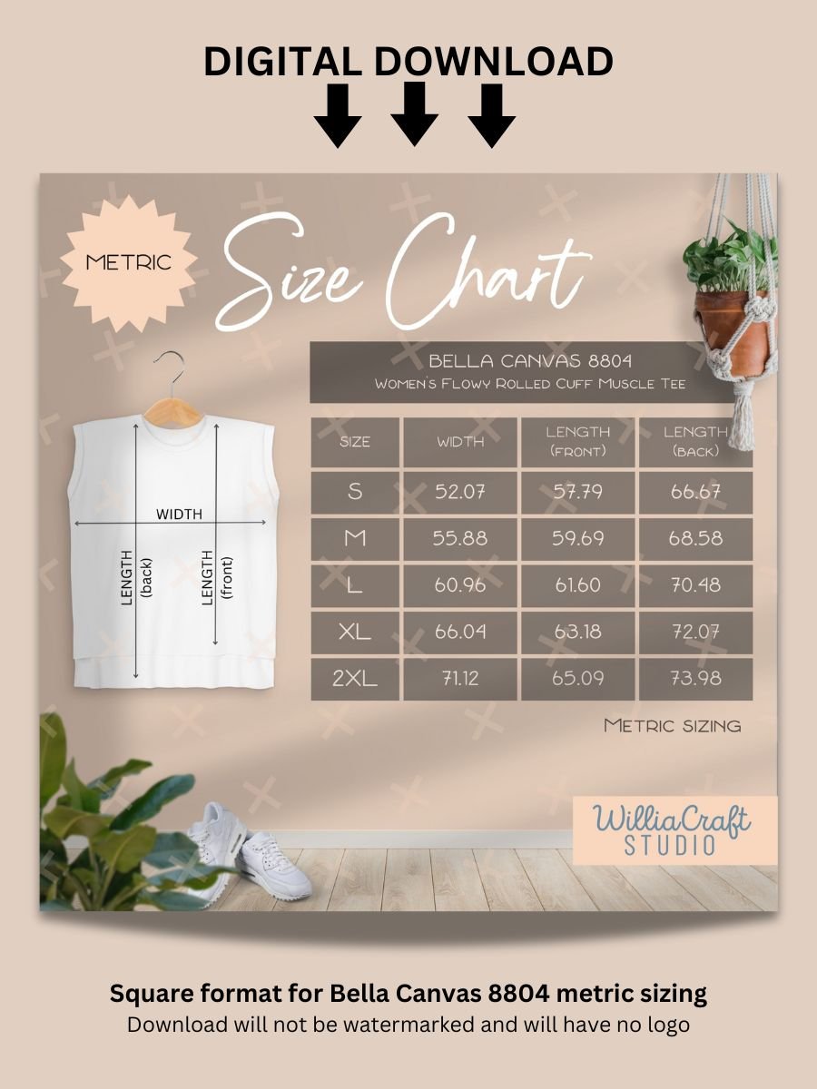 Size Chart for Bella Canvas 8804 (Flowy rolled cuff Muscle Tee for women) - Digital Download product image (2)