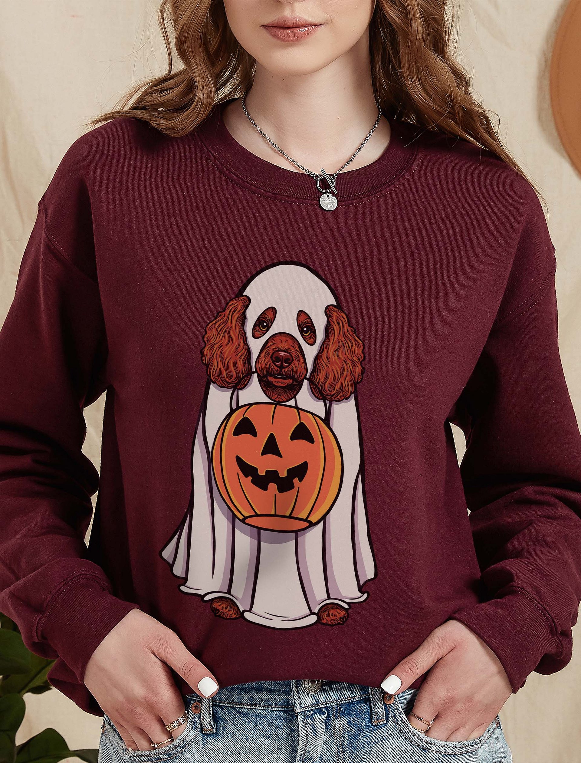 Funny Halloween Mini Poodle(Red) Sweatshirt | Funny Poodle Wearing a Ghost Costume and Holding a Pumpkin Basket product image (10)