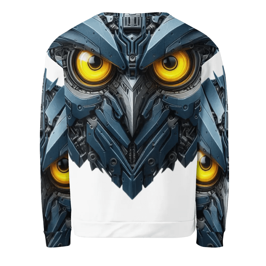 make an interesting title, White long sleeve men's t-shirt with metal owl robot design! Cool and modern product image (12)