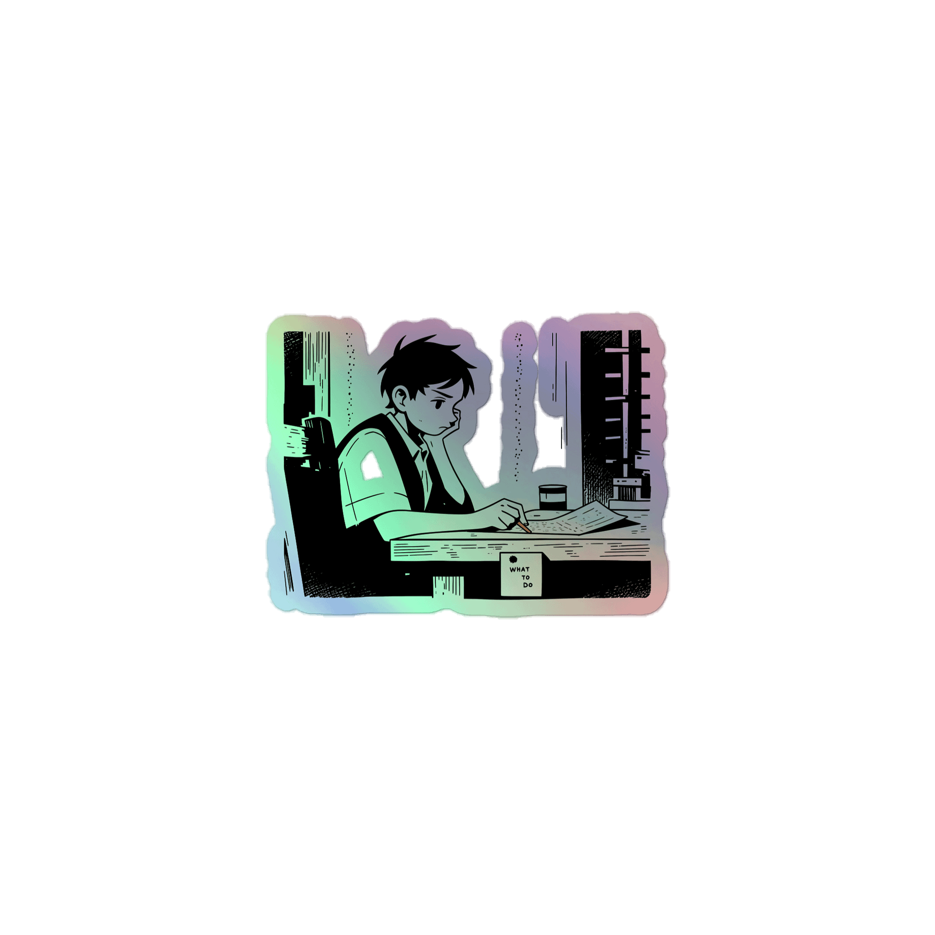 Vintage Schoolboy Studying: Classic Black & White Art Holographic Sticker product image (1)