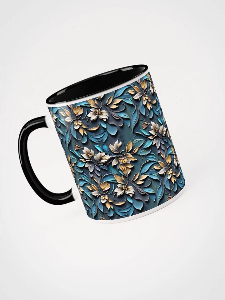 Coffee Mug with Color Inside - Sculpted Floral Pattern of Yellow-Brown Flowers on Blue Background product image (2)