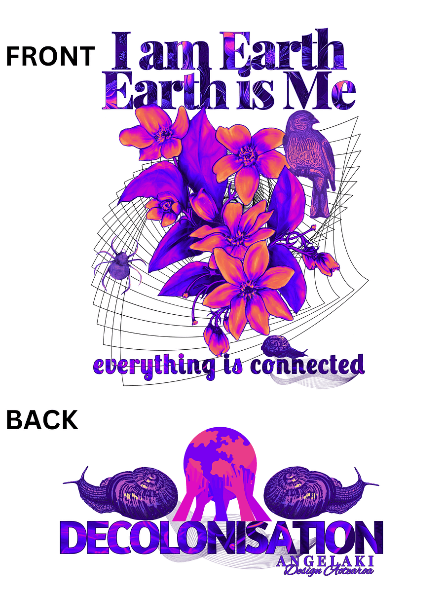 Unisex I am Earth, Earth is Me - Everything is Connected Decolonisation Tee - Neon Brights Puawananga Bird and Kauri Snail remix product image (70)