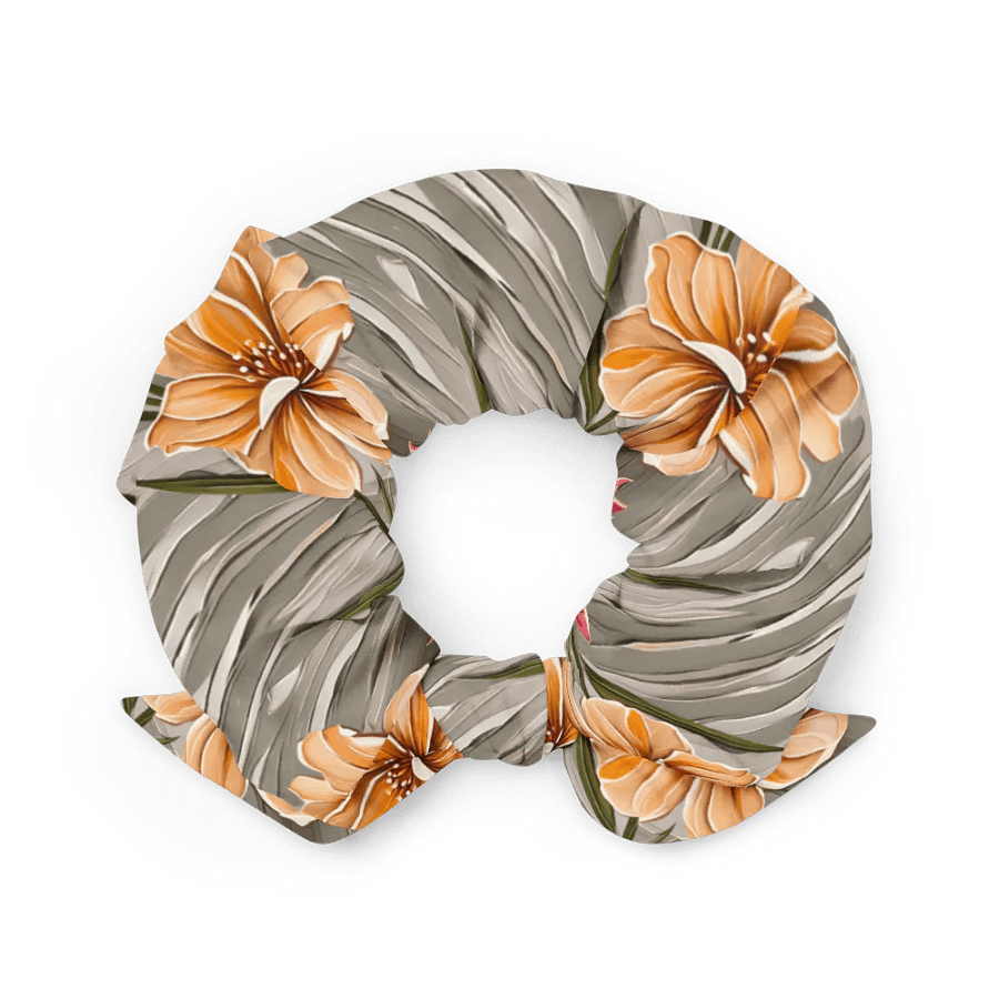 Hair Scrunchie - Painted Flowers in Shades of Yellow and Pink on a Textured Khaki Background product image (3)