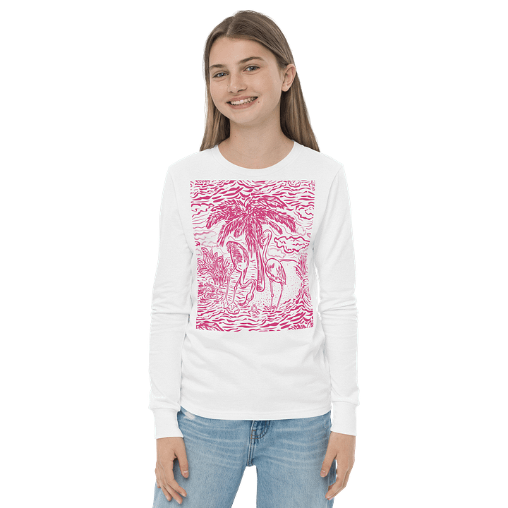 Girls’ | Youth Long Sleeve Tee | DTG Vintage Print | Flamingo Fancy Toile Design | Bright Pink on White |Monique Faella Designs™ | Tropical Whimsy with Coastal Charm product image (2)