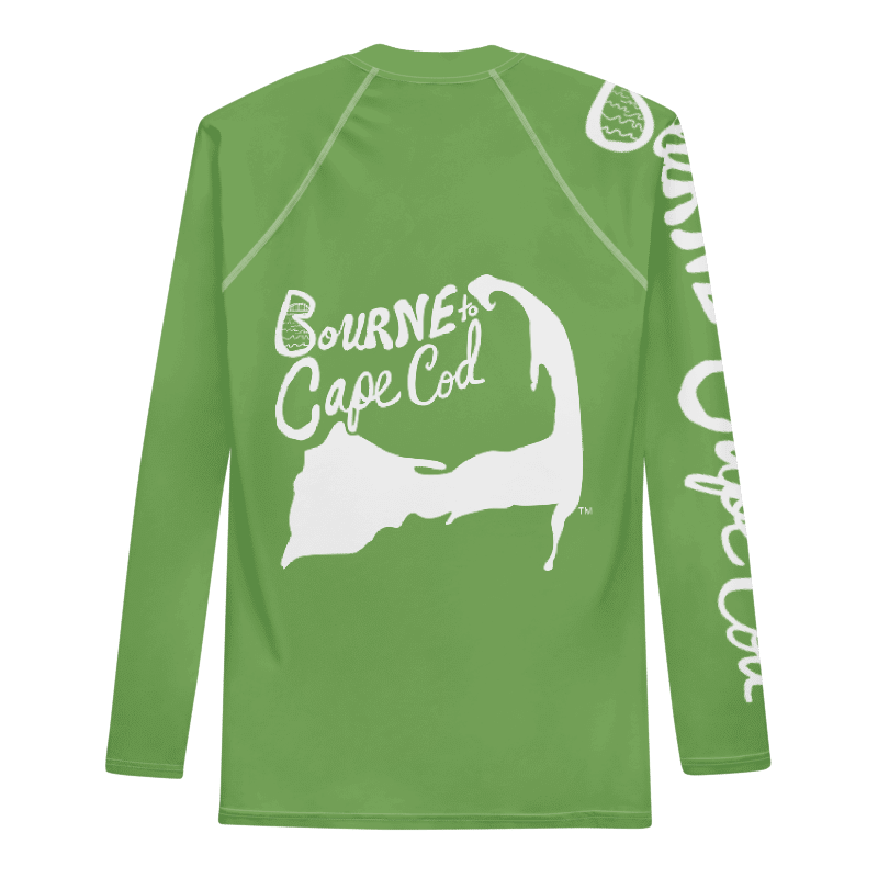 BRN.2C.C.™ /BOURNE to Cape Cod™ | Men’s Long Sleeve Rash Guard | UPF 50+ Active Coastal Shirt | White Logos on Green product image (8)