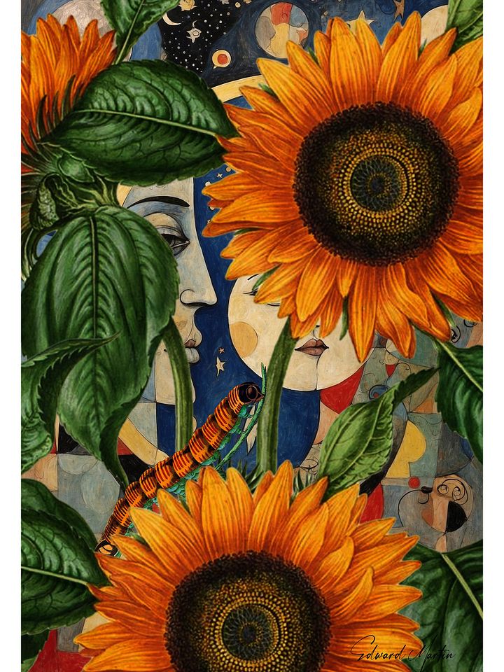 'Hidden in the Garden' by Edward Martin Mixed Media Collage: Celestial Sunflowers Poster product image (1)