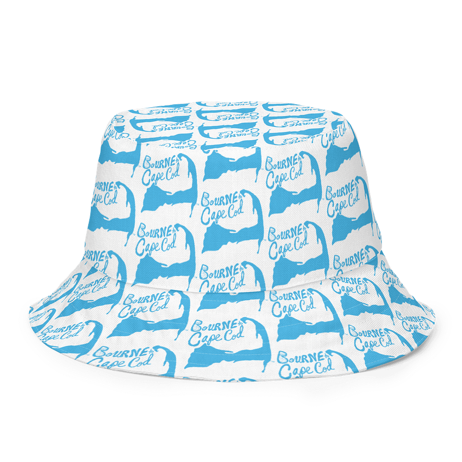 Adults Unisex | Reversible Bucket Hat – BOURNE to Cape Cod™ x BRN.2C.C.™ All-Over Logo Print | Coastal Style Sun Hat | Deep Sky Blue & White product image (8)