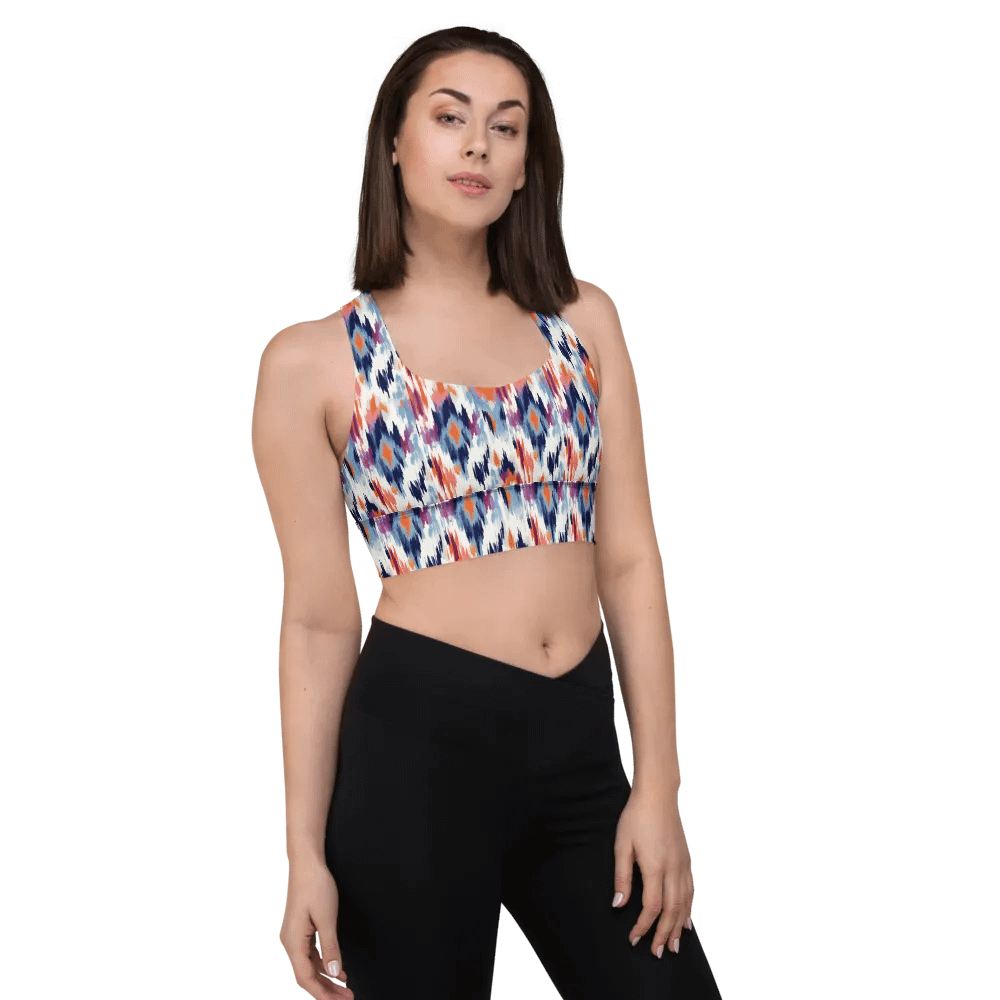 Abstract Ikat Blue Longline Sports Bra product image (5)