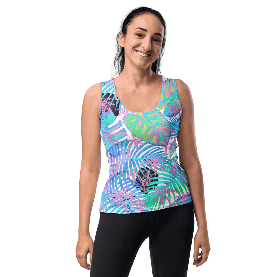 Ladies tank top  all over print blue and pink palm leaf tropical design giving a fresh holiday  feel. product image (10)