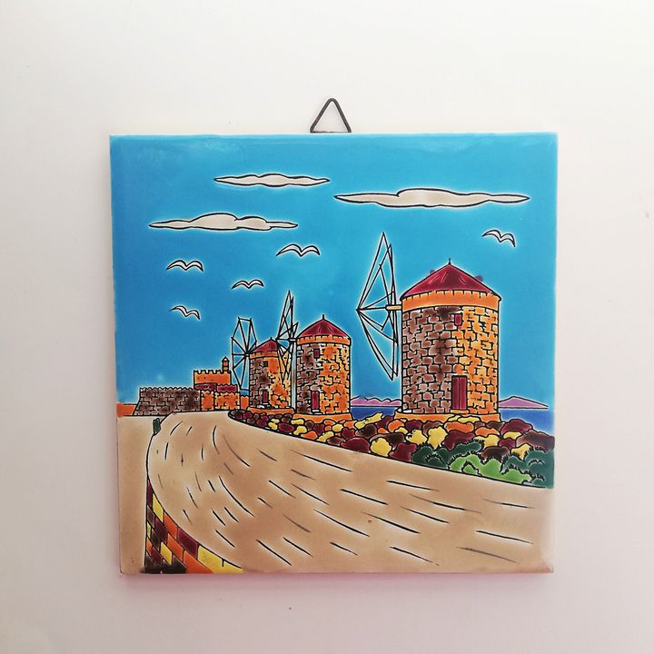 Rhodes Windmills Decorative Tile, Vintage Hand Made in Greece Ceramic Art Decor product image (2)