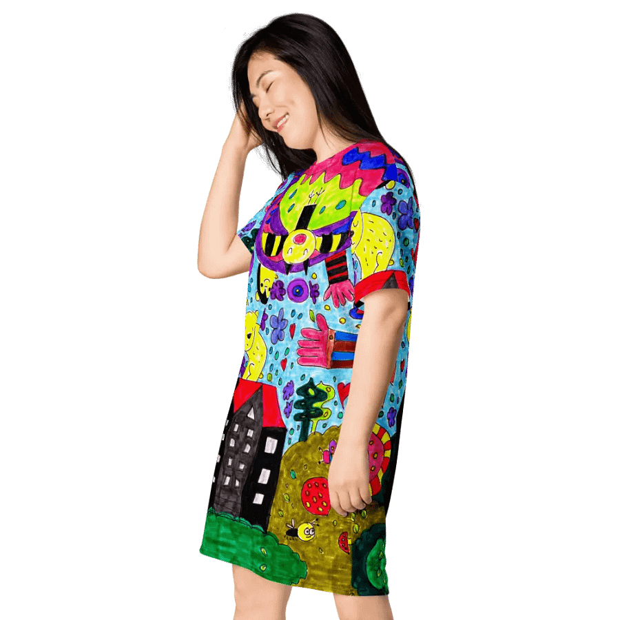 Abstract Vibrant Doodle Characters Ladies T Shirt Dress product image (5)