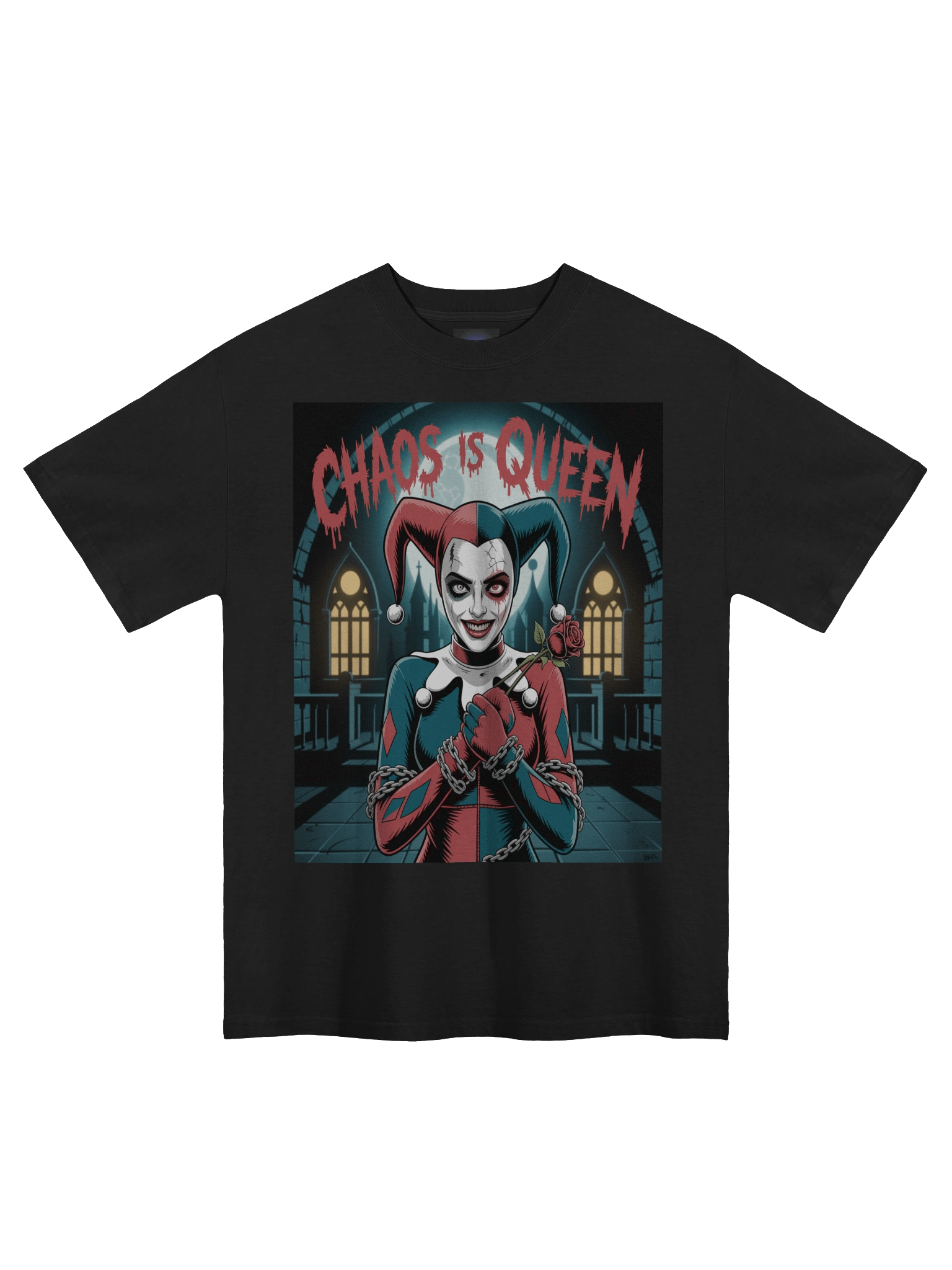 Harley Quinn 'Chaos is Queen' Gothic Chains Oversized Faded T-Shirt product image (3)