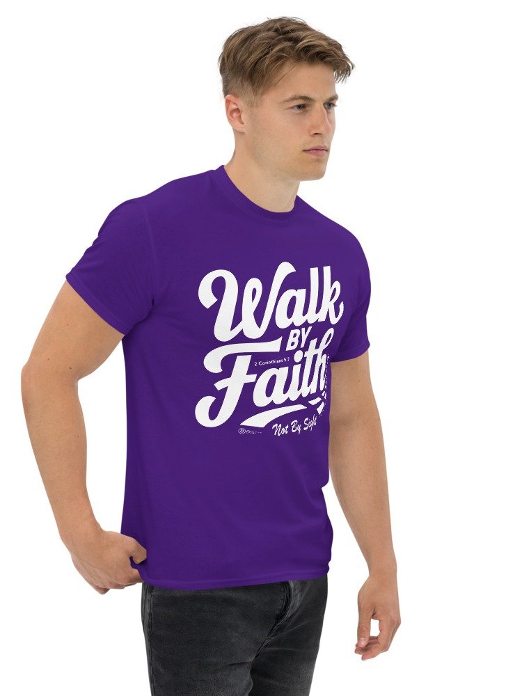 Walk By Faith, Heavyweight Unisex Crewneck T-shirt | Gildan® 5000, 2 Corinthians 5:7, KJV, Bible Verse, Scripture Shirt, White print on Dark Shirts product image (8)