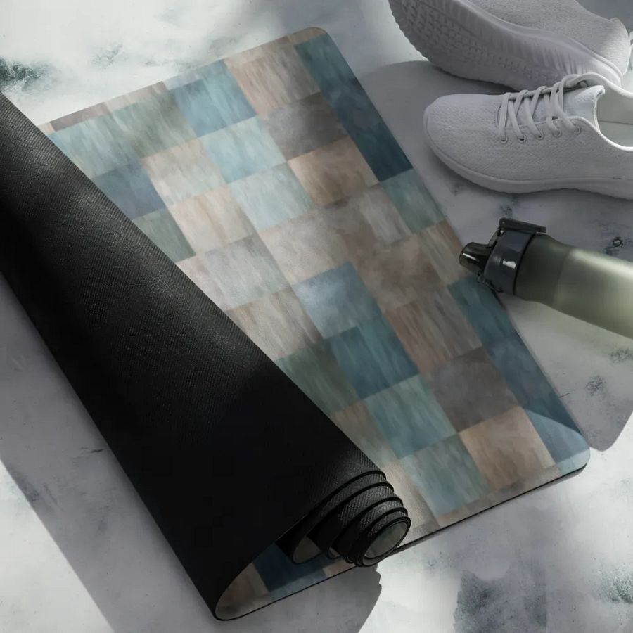 Yoga Mat with Painted Blue, Green and Brown Checked Pattern product image (6)