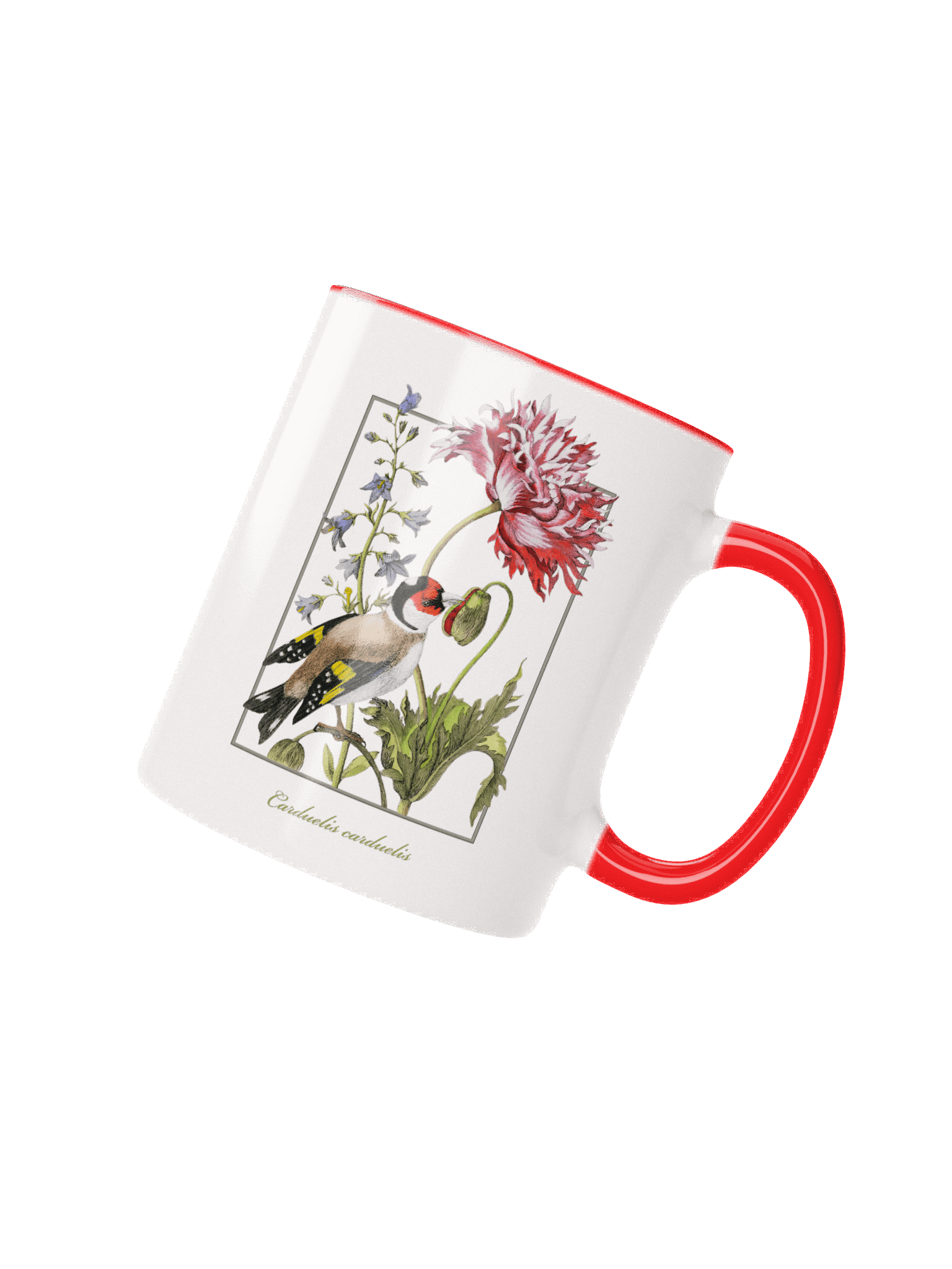 European Goldfinch with a poppy and bellflower - ceramic mug product image (4)