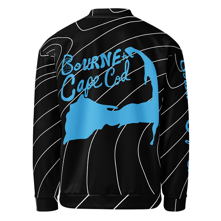 All-Over Print Bomber Jacket | Coastal Cool, City Bold | BOURNE to Cape Cod™ + BRN.2C.C.™ Style | Deep Sky Blue Logos on Dark Currents product image (2)