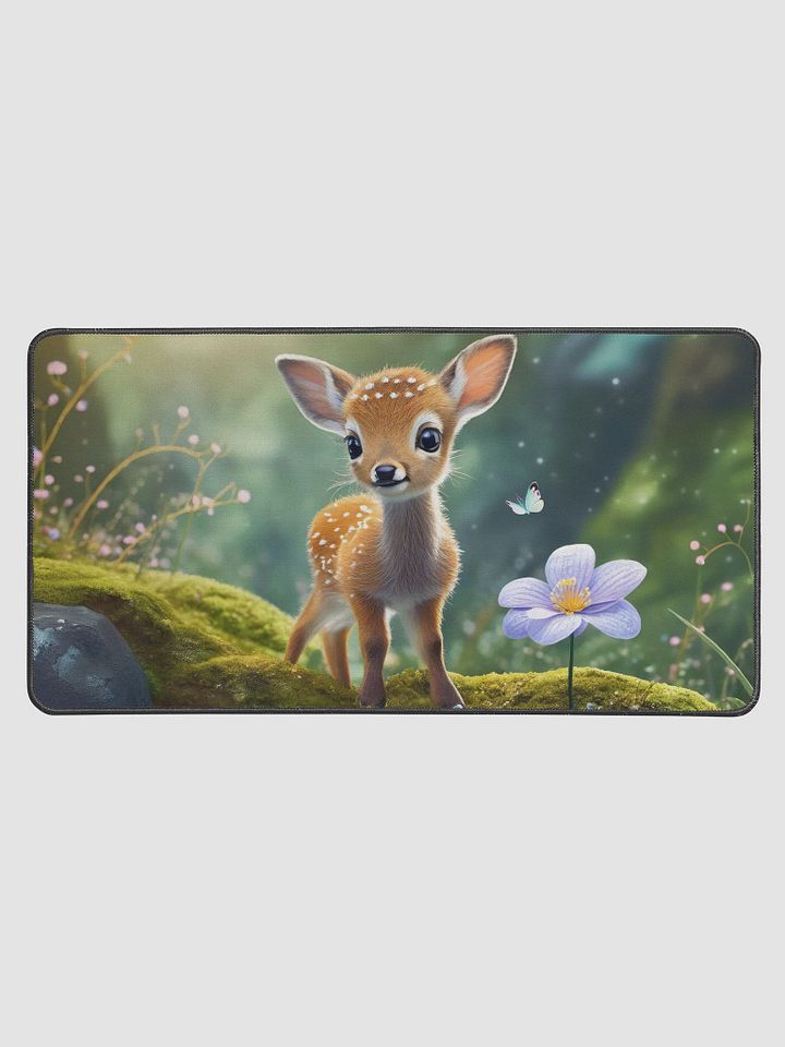 Adorable baby deer standing near by a mossy rock, butterfly resting next to the deer-Gaming Desk Mat 15.5