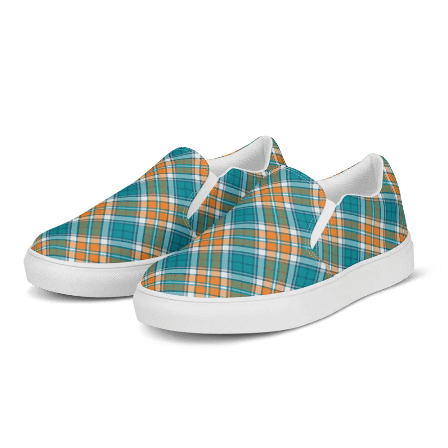 Turquoise and Orange Sporty Plaid Women's Slip On Shoes product image (2)