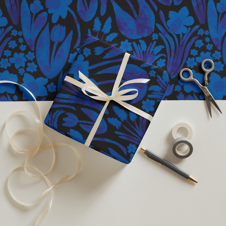 Spring Garden Wrapping Paper Sheets | Royal Blue on Black | Coastal Floral Gift Wrap | Monique Faella Designs™ product image (1)