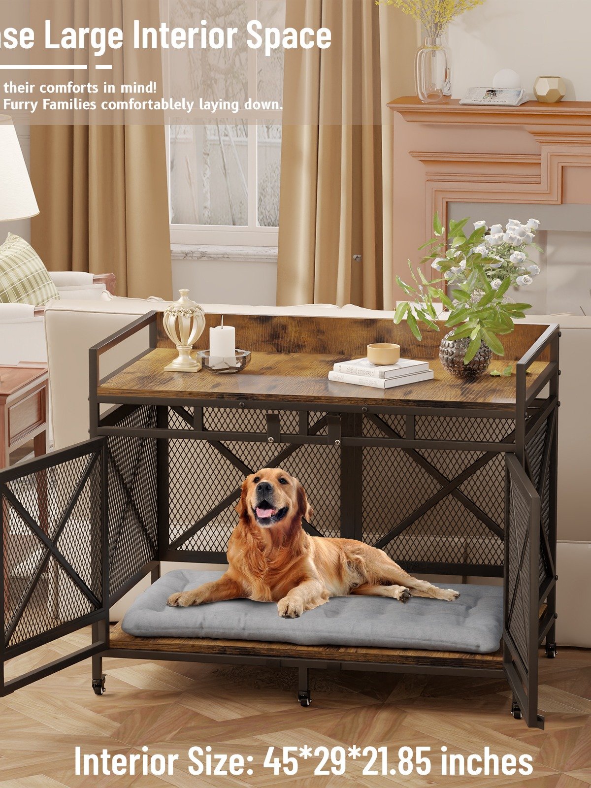 48 inch Dog Crate Furniture for Large Breeds (Up to 90 lb), Wooden & Steel, 360° Casters, Waterproof Top, Steel Lock,Vintage Brown product image (8)