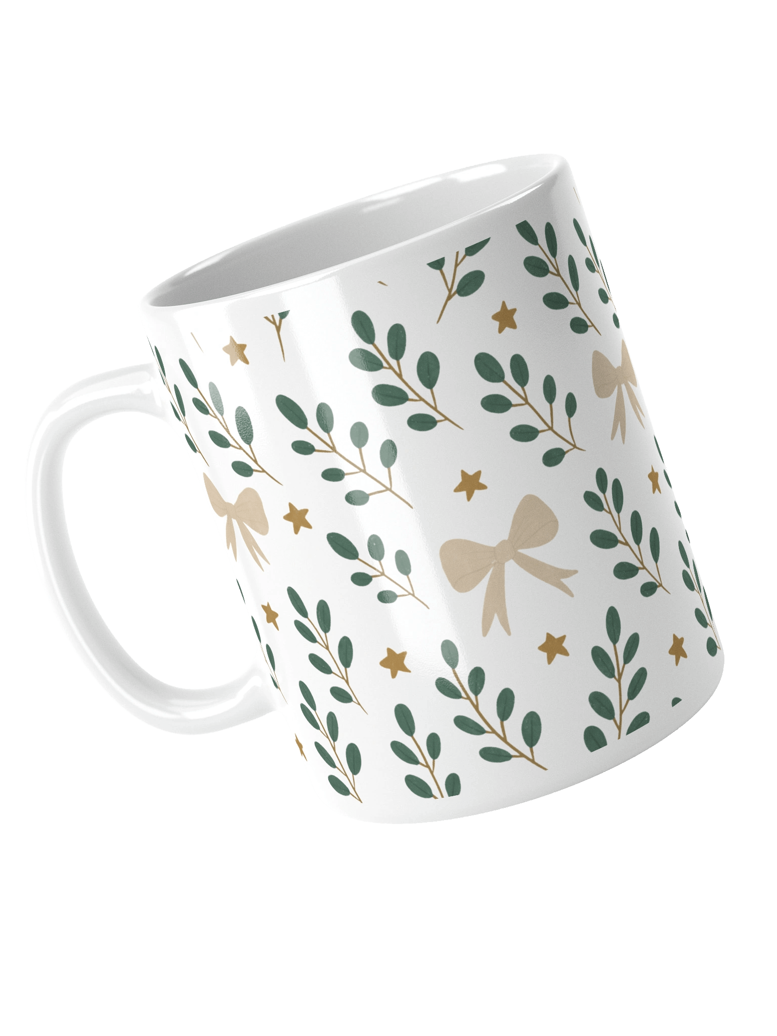 White glossy mug ribbons & stars botanical Christmas. Elegant botanical holiday mug product image (10)