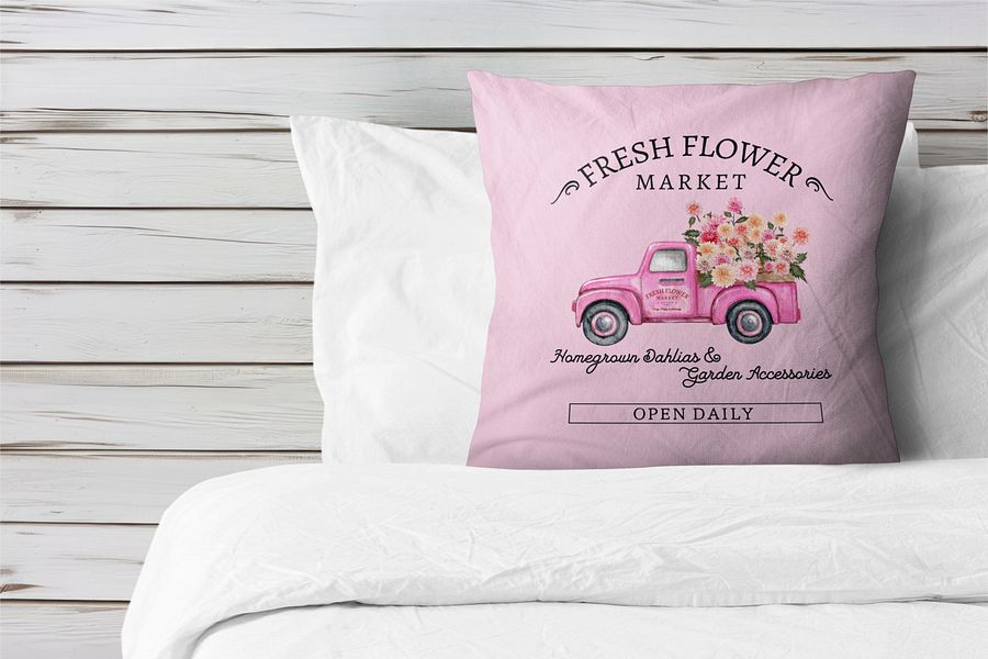 HAPPY DAHLIA VINTAGE TRUCK PINK PILLOW - Laster mit Blumen product image (6)