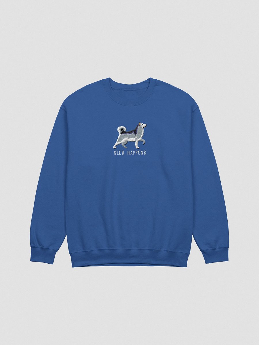 Sled Happens Sweatshirt (Embroidered) of an Alaskan Malamute(Gray & White) product image (10)