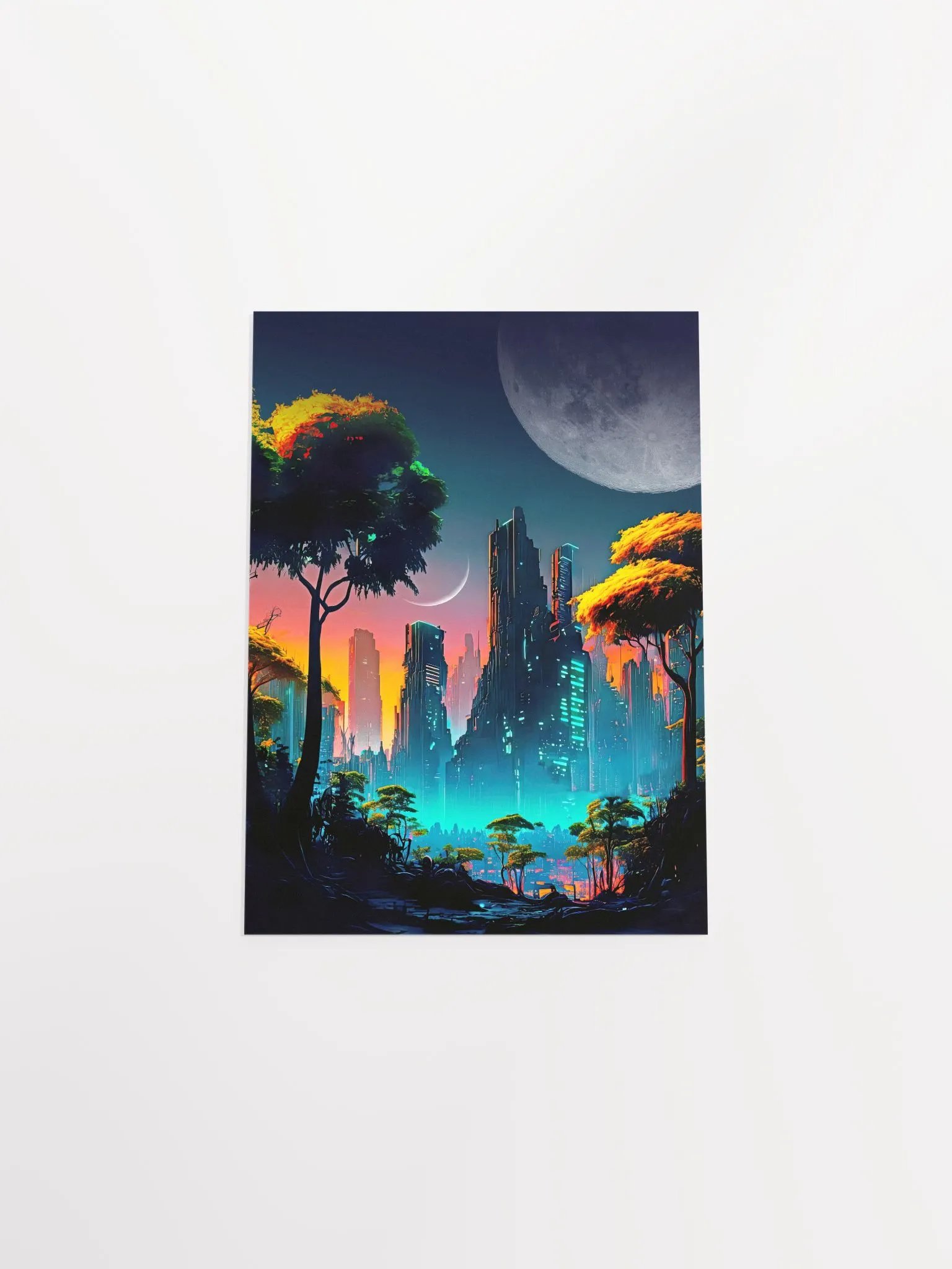 Neon cyberpunk city in a forest with Moons — surreal space collage art, futuristic sci-fi collage product image (9)