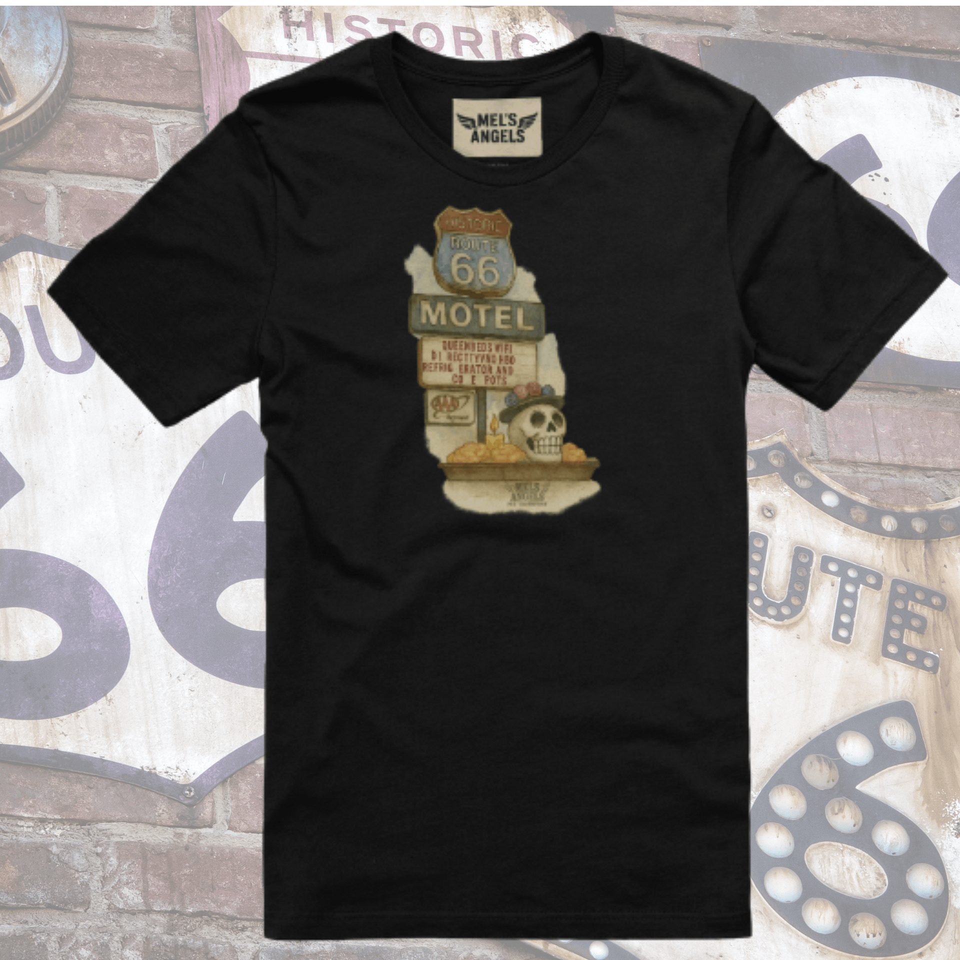 Route 66 Motel Skull T-Shirt – Vintage Día de los Muertos Inspired Graphic Tee | Bella Canvas Unisex product image (3)