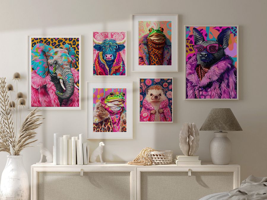 Anthropomorphic Animal Fashion Art DIGITAL Print Set of 6 ~ Frog, Toad, Highland Cow, Hedgehog, Bat, Elephant ~ product image (1)