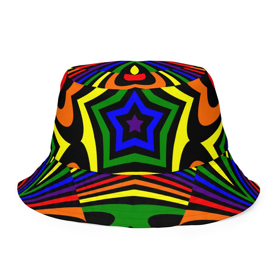 Reverisble Rainbow Bucket Hat, Queer Pride Stars Hearts Psychedelic Art Accessory product image (2)