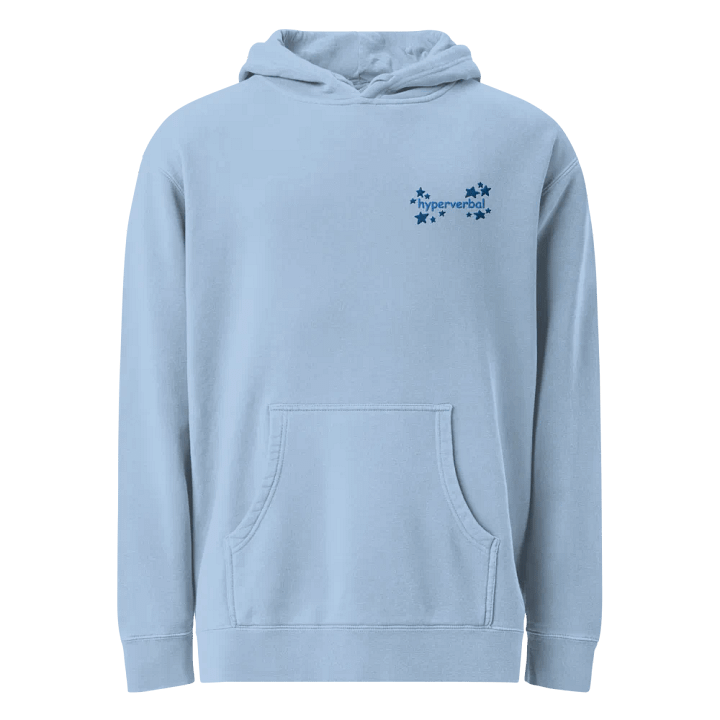 hyperverbal (L.C. comic sans with stars, duotone blue) embroidered pigment-dyed hoodie product image (1)