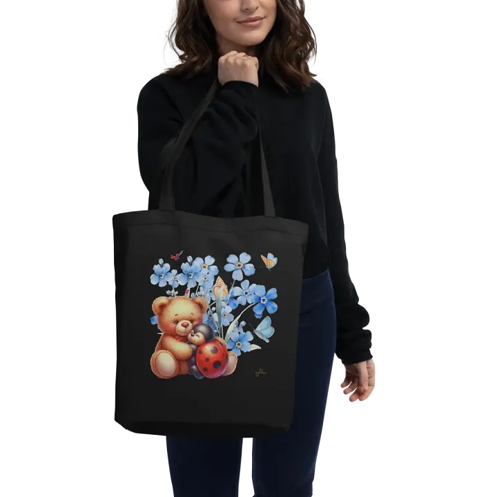 Forget-Me-Not Whispers Teddy Bear Tote Bag – Organic Cotton Twill, Floral Design with Teddy Bear & Ladybug, Eco-Friendly Bag product image (2)