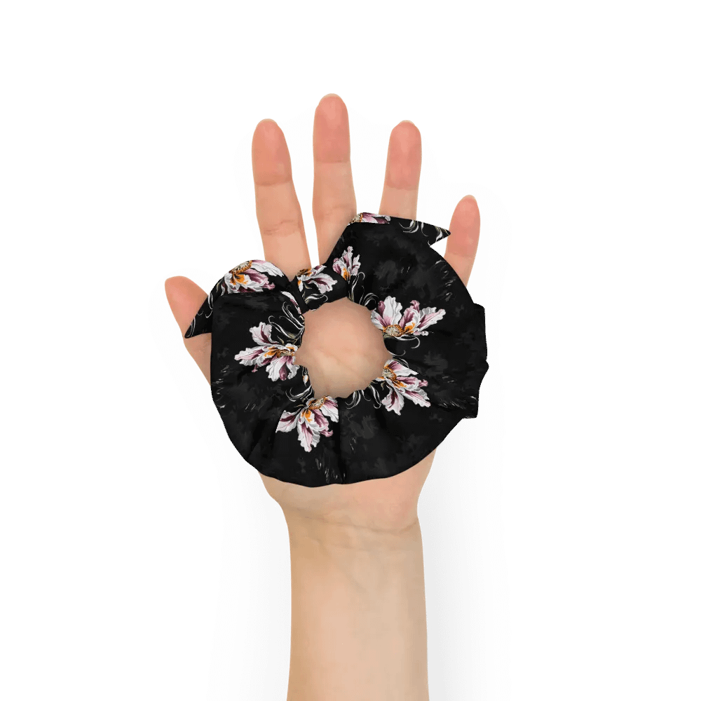 Hair Scrunchie - Painted Pink Flowers on a Black Background product image (7)