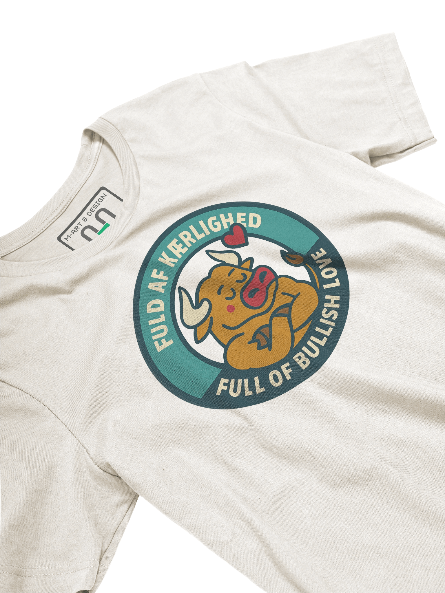 Bilingual Bull T-Shirt – “FULD AF KÆRLIGHED / FULL OF BULLISH LOVE” Scandinavian-Inspired Cartoon Tee by M-Art and Design product image (25)