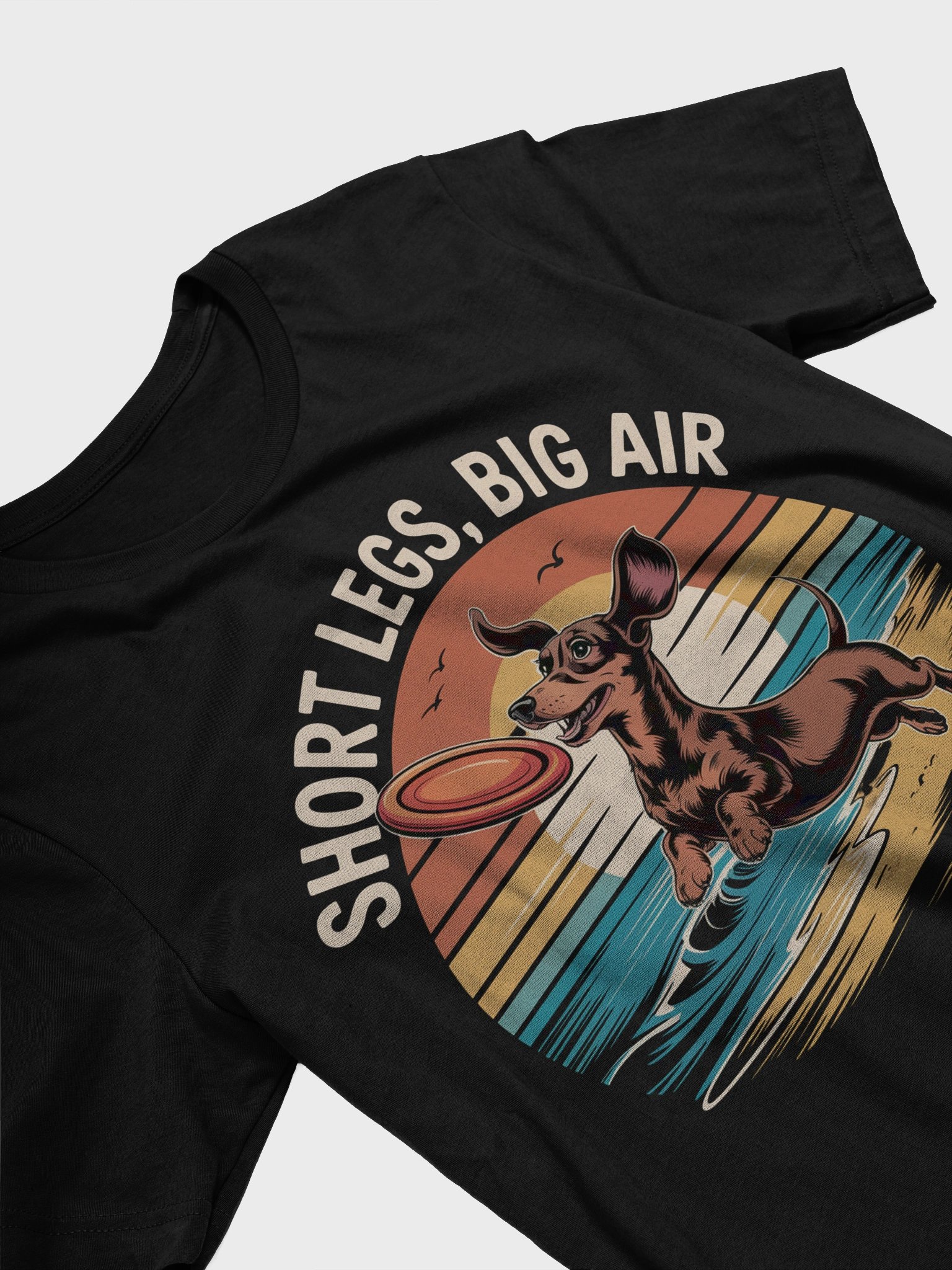 Short Legs, Big Air – Retro Dachshund Beach Disc T-Shirt product image (3)