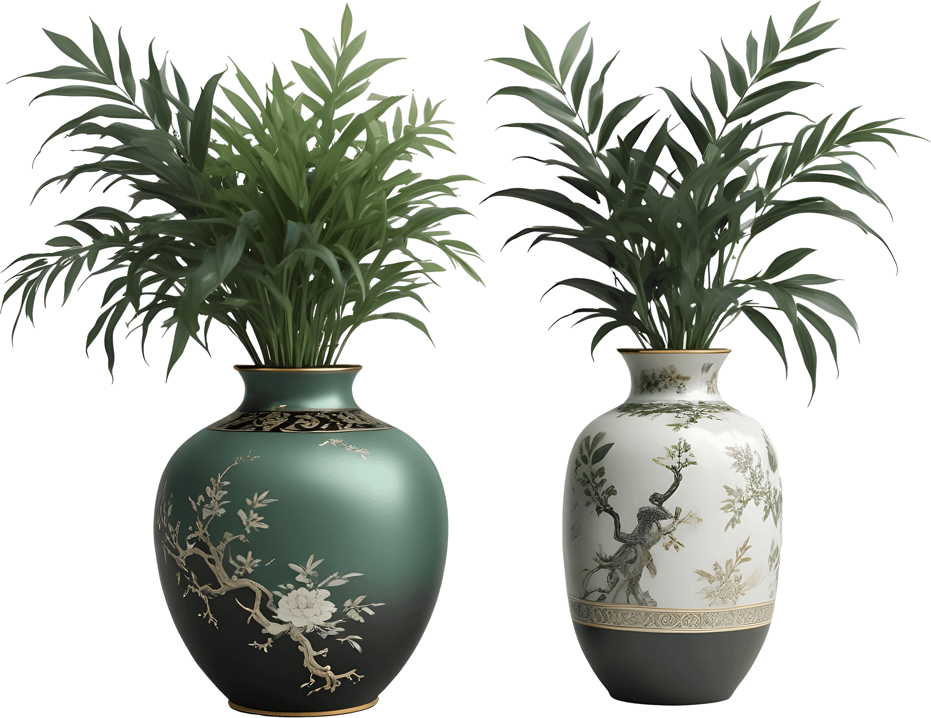 Green and White Chinese Porcelain Vases with Bamboo Décor PNG product image (1)