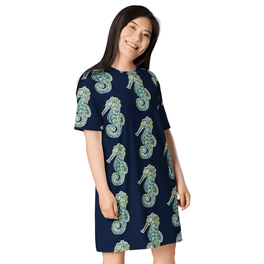 Women's | Ocean Majesty | Painted Seahorse | T-Shirt Dress | Coastal Oversized Dress | Ocean-Inspired Casual Style | Navy Background product image (4)