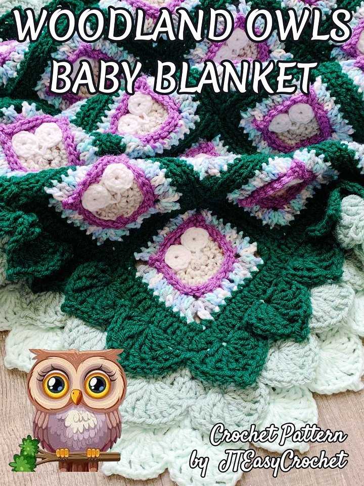 Whimsical Owls Forest Woodland Granny Square Blanket with Leaf Edging, Forest Theme Nursery Decor Crochet Pattern product image (2)