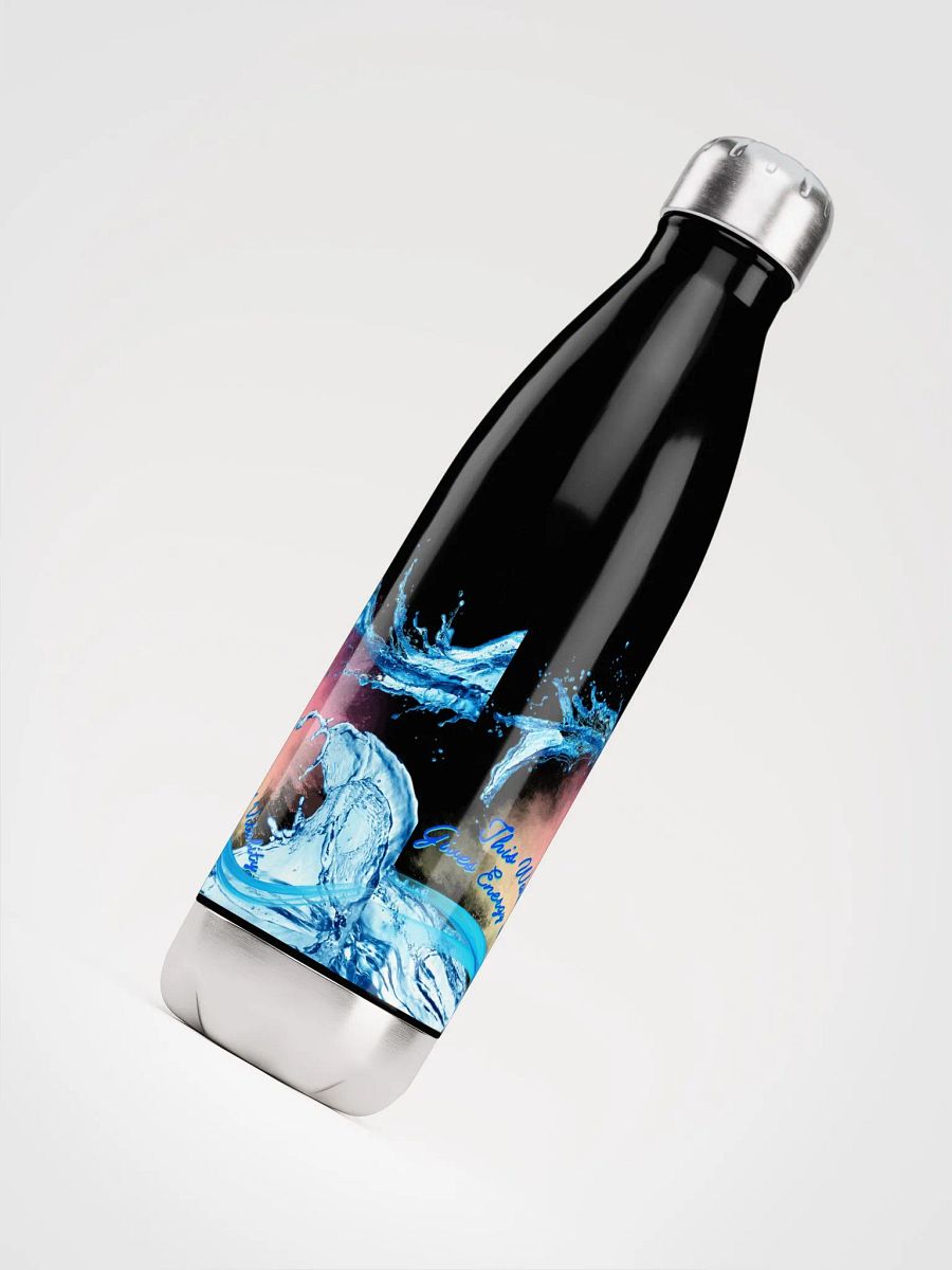Stainless Steal waterbottle with beautiful swirly blue water drops  featuring ' This water gives energy and vitality