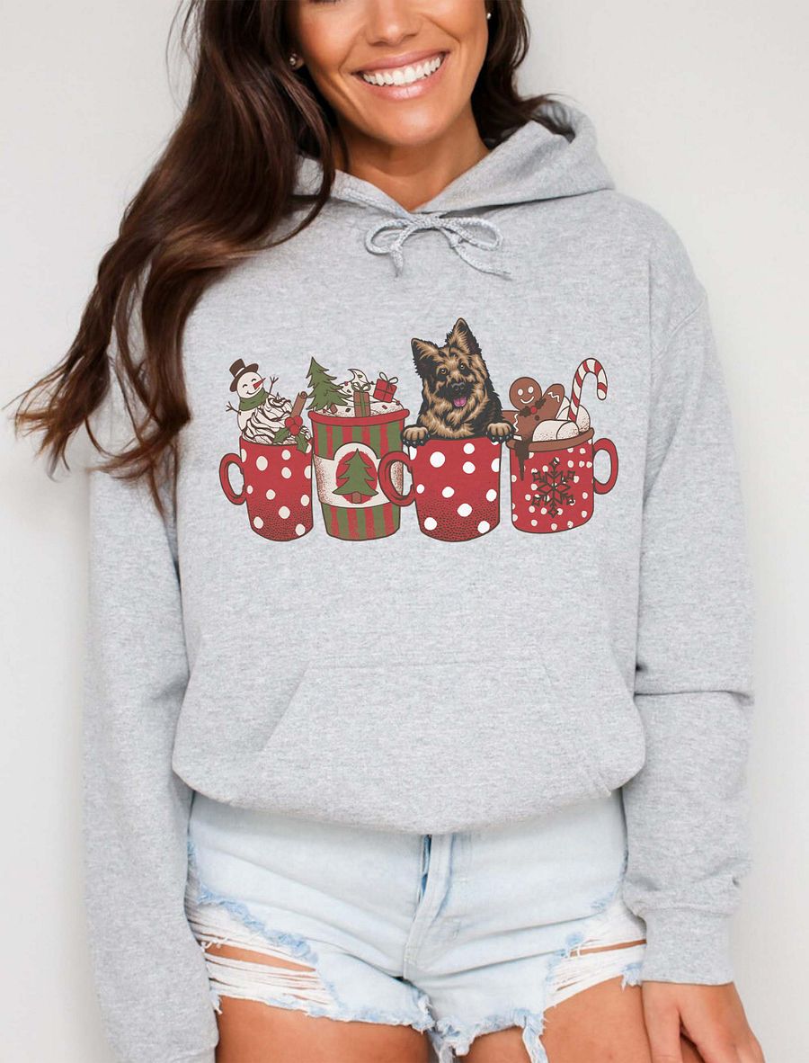 Cute German Shepherd in a Christmas Cup Hooded Sweatshirt | Funny Christmas Pup in a Cup product image (21)