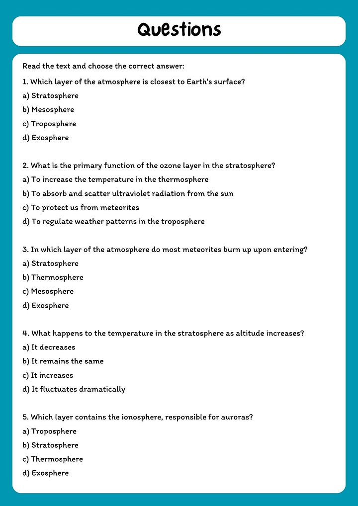 Layers of the Atmosphere Reading Passage with Comprehension Questions product image (2)