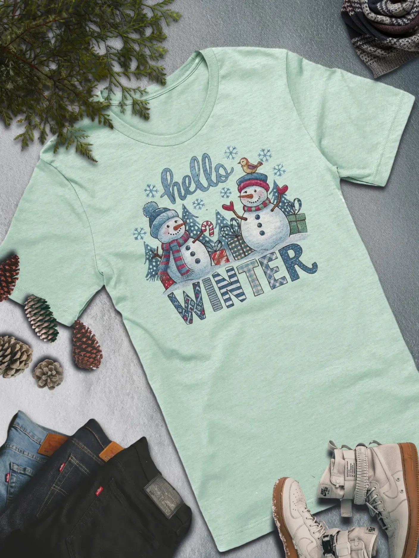 Hello Winter Snowmen T-Shirt – Fun and Festive Winter Fashion product image (1)