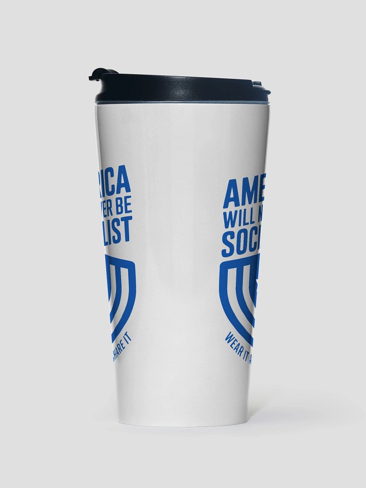 "America Will Never Be Socialist" Travel Mug - Blue Ink product image (1)