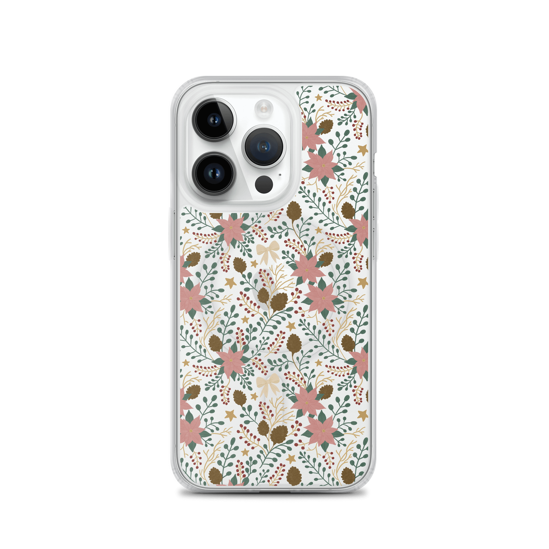 MagSafe® clear case for iPhone enchanted forest blooms. Botanical Christmas design with poinsettias and winter details product image (5)
