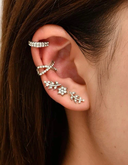 5 PC RHINESTONE SILVER LEAF DECOR EARRINGS & NON-PIERCED EAR CUFFS product image (1)