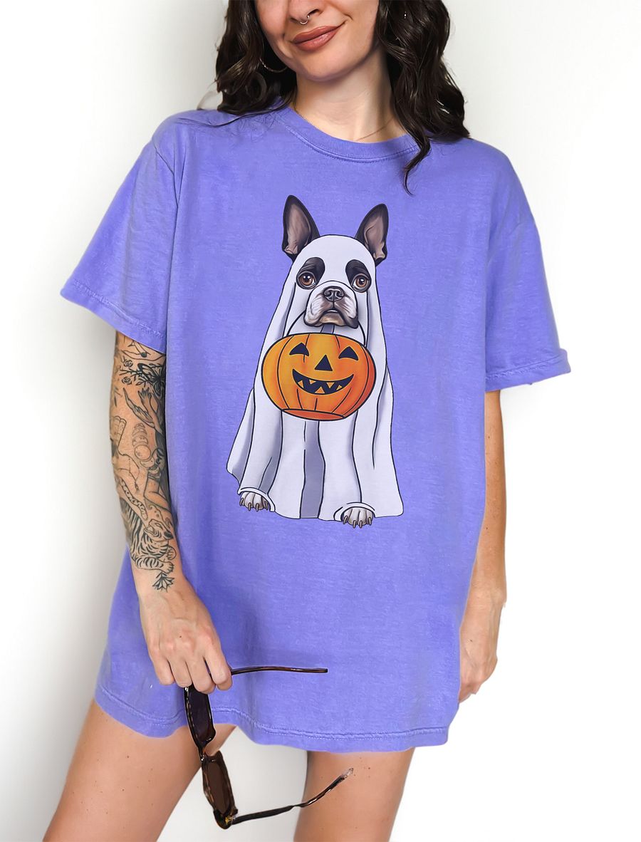 Boston Terrier Halloween Tee | Funny Fall & Halloween Boston Wearing a Ghost Costume with Pumpkin Basket product image (21)