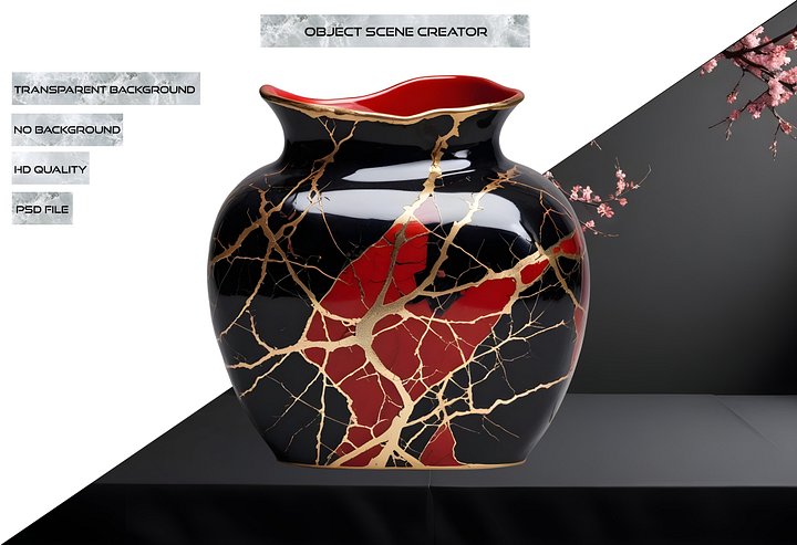 Kintsugi Radiance – Black and Red Vase with Golden Veins PNG product image (2)