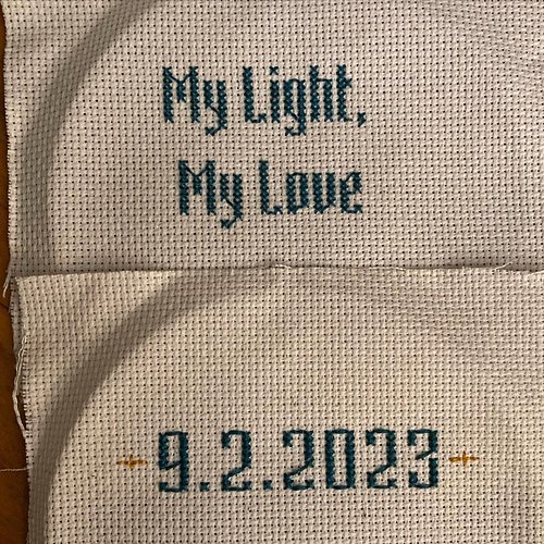 Commission work! 
A date, a phrase, and a design for a wedding. These were sewn onto a stole that the wedding officiant wore ...
