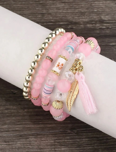 4 PC PINK TASSEL CHARM BEADED BRACELET product image (1)